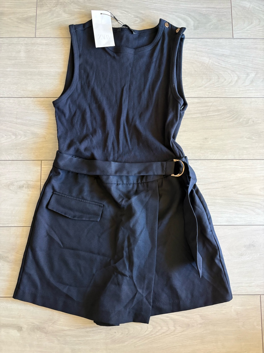 Zara Blue Sleeveless Belted Romper with D-Ring